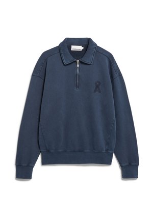 Marineblaue Sweatshirt mit Viertelreißverschluss und Kragen, langen Ärmeln, gerippten Bündchen und einem dezenten Logo auf der linken Brust.