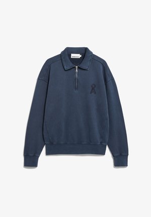 Marineblaue Sweatshirt mit Viertelreißverschluss und Kragen, langen Ärmeln, gerippten Bündchen und einem dezenten Logo auf der linken Brust.