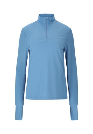 Lichtblauw sportief shirt met lange mouwen, een kraag met rits tot een kwart en duimgaten bij de manchetten, gemaakt van soepel stretchstof.
