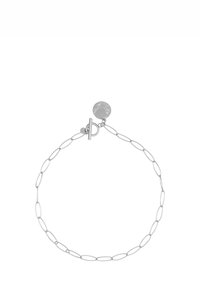 Zilveren schakelarmband met verlengde schakels, voorzien van een ronde bedel en een sluiting met een toggle. Glad oppervlak met een gepolijste afwerking.