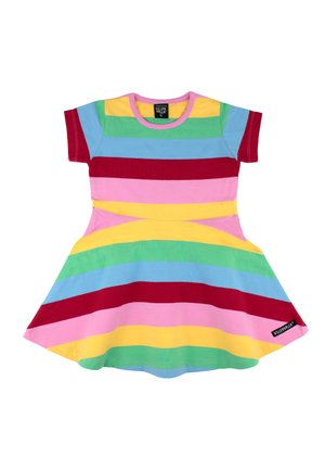Kleedje voor peuters met korte mouwen en brede horizontale strepen in rood, roze, geel, groen en blauw, uitlopende rok en ronde hals.