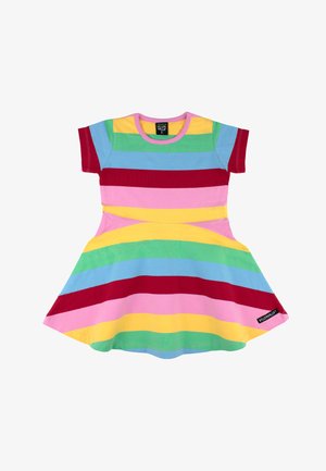 Kurzärmliges Kleinkindkleid mit breiten horizontalen Streifen in Rot, Pink, Gelb, Grün und Blau, ausgestelltem Rock und rundem Halsausschnitt.