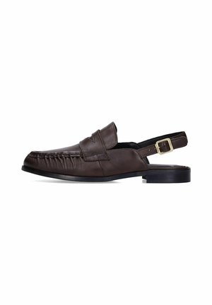 Dark brown leather slingback loafer with a buckle strap and low heel, featuring a moccasin-style stitched toe.
