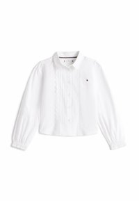 Weiße Langarmbluse mit Spitzenbesatz, vorderen Knöpfen, klassischem Kragen, elastischen Manschetten und kleinem Tommy Hilfiger-Logo auf der Brust.