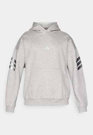 Gray hooded sweatshirt with a front pocket, featuring a small reflective logo and three black stripes on each sleeve. Made of soft, textured fabric.