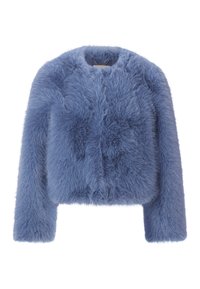Faux fur jacket in light blue, with a rounded neck, long sleeves, and a textured, fluffy surface. No visible closures or embellishments.