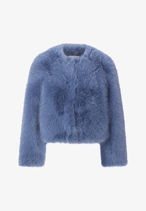 Hattuhin turkis värvi faux fur jope, ümmarguse kaeluse, pikkade varrukate ja tekstuurse, koheva pinnaga. Pole nähtavaid sulgema või kaunistusi.