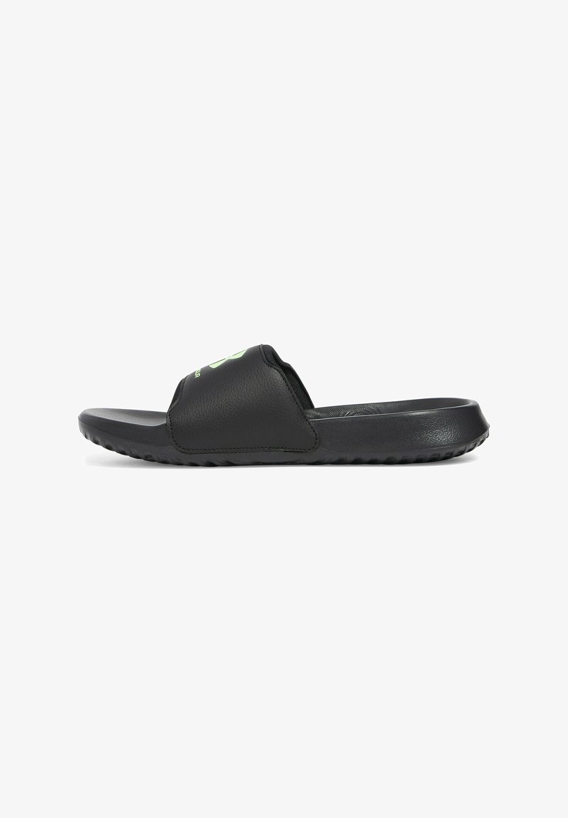 Black slide sandals with a textured leather upper and a smooth footbed. Features a green logo and a ridged sole for traction.