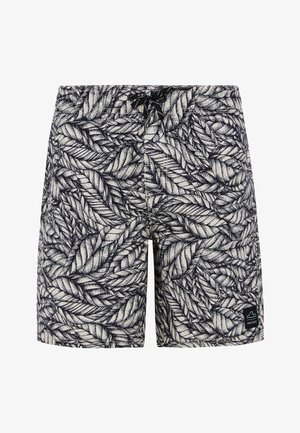 Męskie szorty kąpielowe z białą bazą i granatowym nadrukiem w liście. Posiadają elastyczny pas ze czarnym sznurkiem i naszywkę z logo z boku.