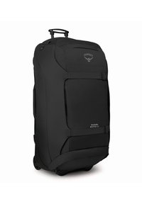 Black wheeled duffel bag with a structured design, durable fabric, front pocket, and adjustable straps. Features robust wheels and a telescopic handle.