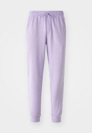 Lavender sweatpants with an elastic waistband and adjustable drawstring. Features a tapered design and ribbed cuffs. Soft fabric texture.