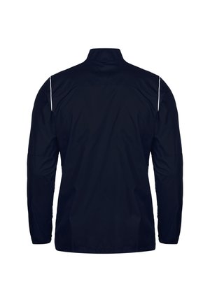 Navy windbreaker jacket met een hoge kraag, lange mouwen en witte accenten langs de schoudernaden. Soepele textuur, lichte stof.