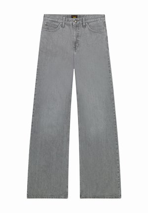 Ljust grå denimjeans med vida ben, som har en klassisk femficksdesign och en standard midja med bälteshällor. Slät textur.