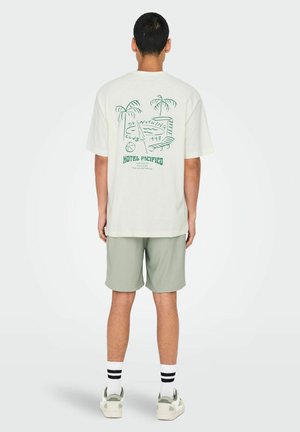 Camiseta oversized de color crema con estampado gráfico verde, combinada con pantalones cortos de un verde claro. Presenta calcetas a rayas en blanco y negro y zapatillas.