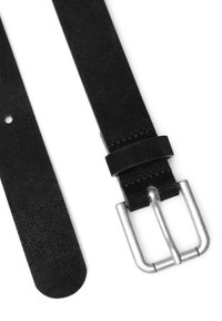 Black suede belt with a matte texture, featuring a silver metal double prong buckle and a loop, showing holes for adjustment.