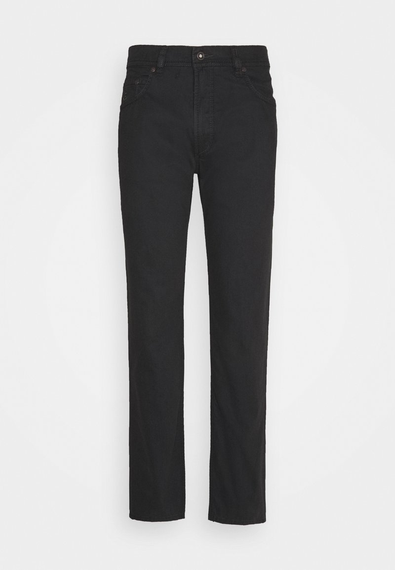 Pantaloni in denim nero con vestibilità dritta, dotati di passanti per cintura, tasche frontali e chiusura con bottone. Texture liscia e design classico.