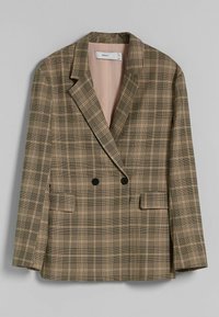 Brązowa marynarka w kratę z podwójnym zapięciem, klapami, dwiema przednimi kieszeniami i czarnymi guzikami, z gładką beżową podszewką.