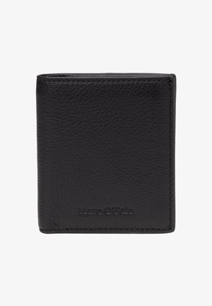 Portefeuille pliable en cuir noir texturé avec logo "Marc O'Polo" discrètement embossé en bas à droite sur le devant.