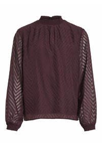 Blusa a maniche lunghe color bordeaux con collo alto arricciato e motivo geometrico testurizzato. Maniche sheer ampie con polsini elastici.
