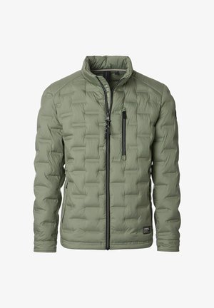 Olivgrüne gesteppte Jacke mit hohem Kragen, Reißverschluss vorne und Reißverschlusstaschen. Besitzt ein strukturiertes, gepolstertes Design.