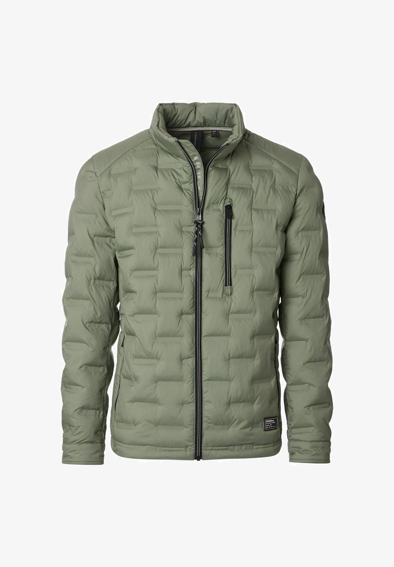 Oliwkowa pikowana kurtka z wysokim kołnierzem, z przodem na zamek błyskawiczny i kieszeniami na zamek. Ma teksturowany, wyściełany design.