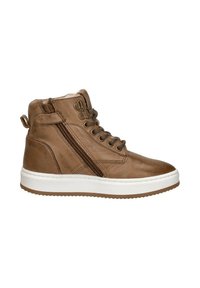 Bruine leren high-top sneakers met zijrits, vetersluiting aan de voorkant en een dikke rubberen zool in het wit.