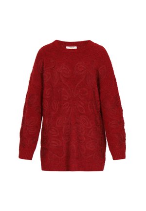 Crvena pletena dukserica s teksturiranim cvjetnim uzorkom, dugim rukavima i okruglim izrezom. Mekana tkanina s opuštenim krojem.