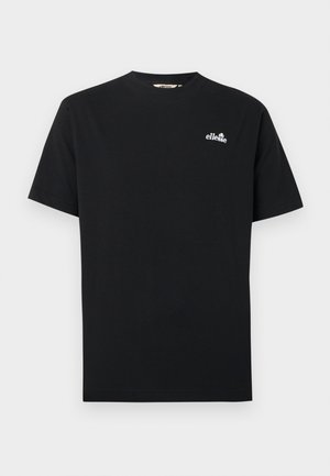 Schwarzes T-Shirt mit kurzen Ärmeln und Rundhalsausschnitt, mit kleinem weißem "ellesse"-Logo auf der linken Brust.