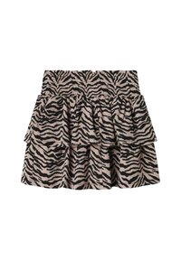 Jupe à volants présentant un motif de rayures de tigre noir et beige, avec une taille smockée et un tissu texturé.