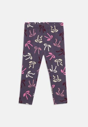 Purple children's leggings with pink, white, and burgundy bow patterns scattered all over the fabric.