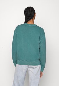 Sudadera color verde azulado con cuello redondo, puños y dobladillo acanalados, confeccionada en suave algodón, con un ajuste holgado y diseño minimalista.