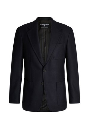 Blazer bleu marine en mélange de laine avec deux poches avant, revers à encoche, fermeture à un bouton, et une doublure intérieure rayée. Design simple et ajusté.