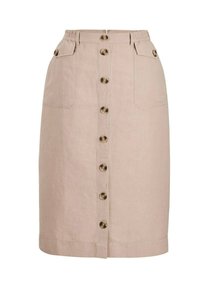 Beige Leinenrock mit gerader Schnittführung, Knopfverschluss vorne, zwei Seitentaschen und elastischem Bund zur Anpassung.