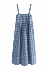 Robes en vichy bleu avec de fines bretelles, un corsage froncé et une silhouette ample et fluide. Fabriquée à partir d'un tissu léger avec un motif à carreaux.