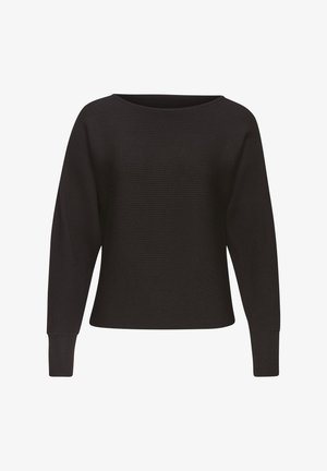 Must ja ribidega pullover-sviiter, millel on lai kaelus, langenud õlad ja pikad varrukad. Valmistatud pehmest kangast, millel on mugav lõige.