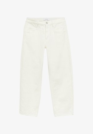 Weiße Jeans mit geradem Bein, Fronttaschen, Gürtelschlaufen sowie Knopf- und Reißverschluss vorne.