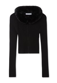 Czarny prążkowany krótki kardigan z miękkim kołnierzem z sztucznego futra, długimi rękawami i zapięciem na zamek z przodu.