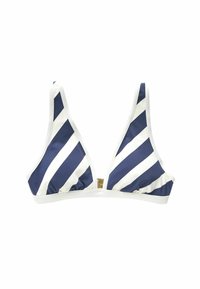 Navy- und weiße Streifenbikini-Oberteil mit dreieckigem Design. Glattes Material, verfügt über einen Verschluss und breite Träger für besseren Halt.