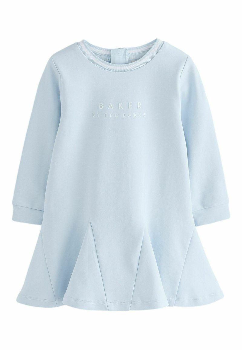 Himmelblaues langärmliges Kleid mit runder Ausschnitt, das ein dezentes Logo und einen gefältelten Saum aufweist. Aus weichem Material gefertigt.