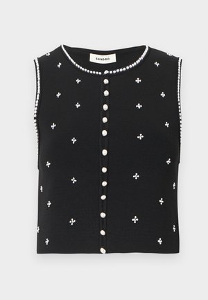 Veste en maille noire sans manches avec col rond, boutons en perles sur le devant, et petits embellissements en grappes de perles dispersés sur le devant.