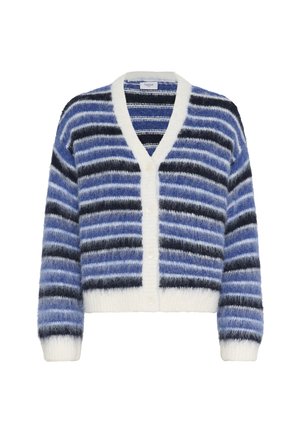 Cardigan with a V-neck, featuring a fuzzy texture. Striped pattern in shades of blue, black, and white. Six front buttons. Long sleeves.