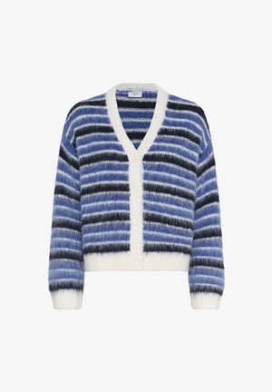 Džemperis ar V-veida izgriezumu un pūkainu faktūru. Svītrains raksts zilā, melnā un baltā krāsā. Seši priekšējie pogas. Garas piedurknes.