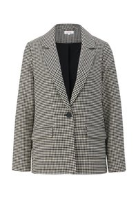 Schwarzer und weißer Hahnentritt Blazer mit schmalem Revers, einem Knopfverschluss, zwei vorderen Taschen und einem glatten Innenfutter.