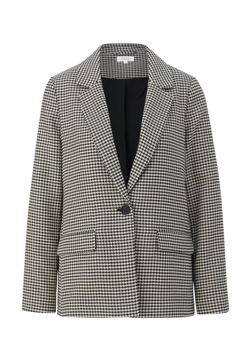 Blazer en blanco y negro de diseño de pata de gallo, con solapa de muesca, cierre de un solo botón, dos bolsillos frontales y un forro interior suave.