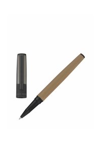 Stylo à bille marron et noir avec un capuchon noir placé à côté, montrant la pointe du stylo et le clip sur le capuchon.