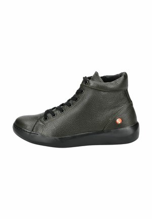 High-top shoe made of dark green textured leather with black laces and a rubber sole, featuring a small orange logo on the side.