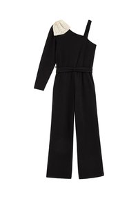 Crni kombinezon s jednim ramenom, dugim rukavom, remenom u struku i teksturiranom kremasto-bijelom detaljem na ramenu ukrašenim šljokicama. Dizajn s širokim hlačama.