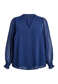 Blouse bleu marine avec de longues manches transparentes et un décolleté en V. Présente une coupe décontractée et des poignets froncés avec une texture de tissu lisse.