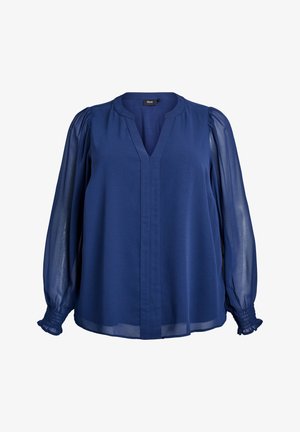 Blusa blu navy con maniche lunghe e trasparenti e scollatura a V. Presenta una vestibilità comoda e polsini arruffati con una texture di tessuto liscia.