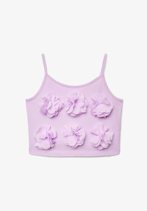 Top corto lavanda con spalline sottili, decorato con sei gruppi di fiori tridimensionali in tessuto sulla parte anteriore, disposti in due file.